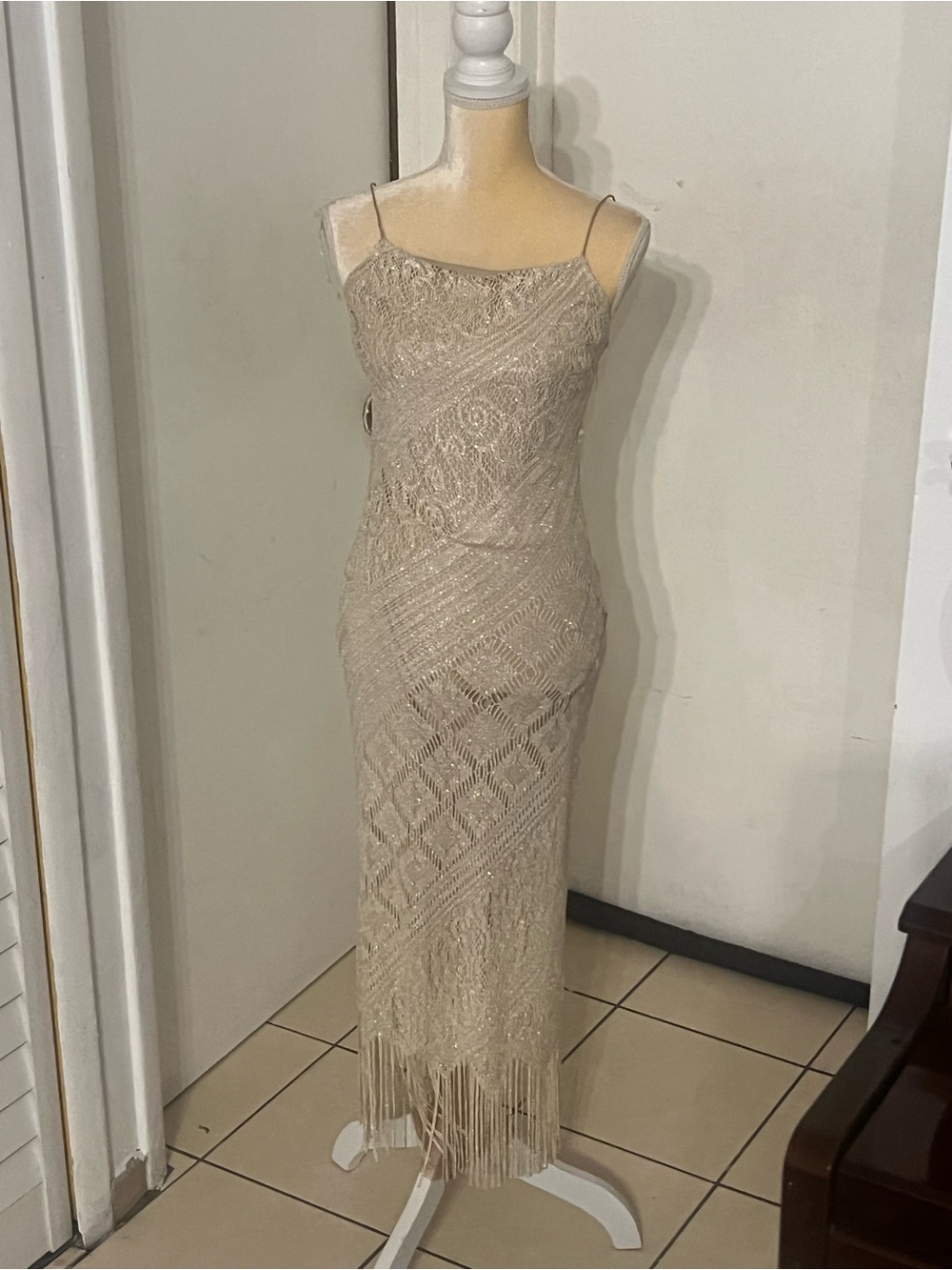 Beaded Champagne Fringe Slip Dress - Elegant Spaghetti Strap Evening Gown